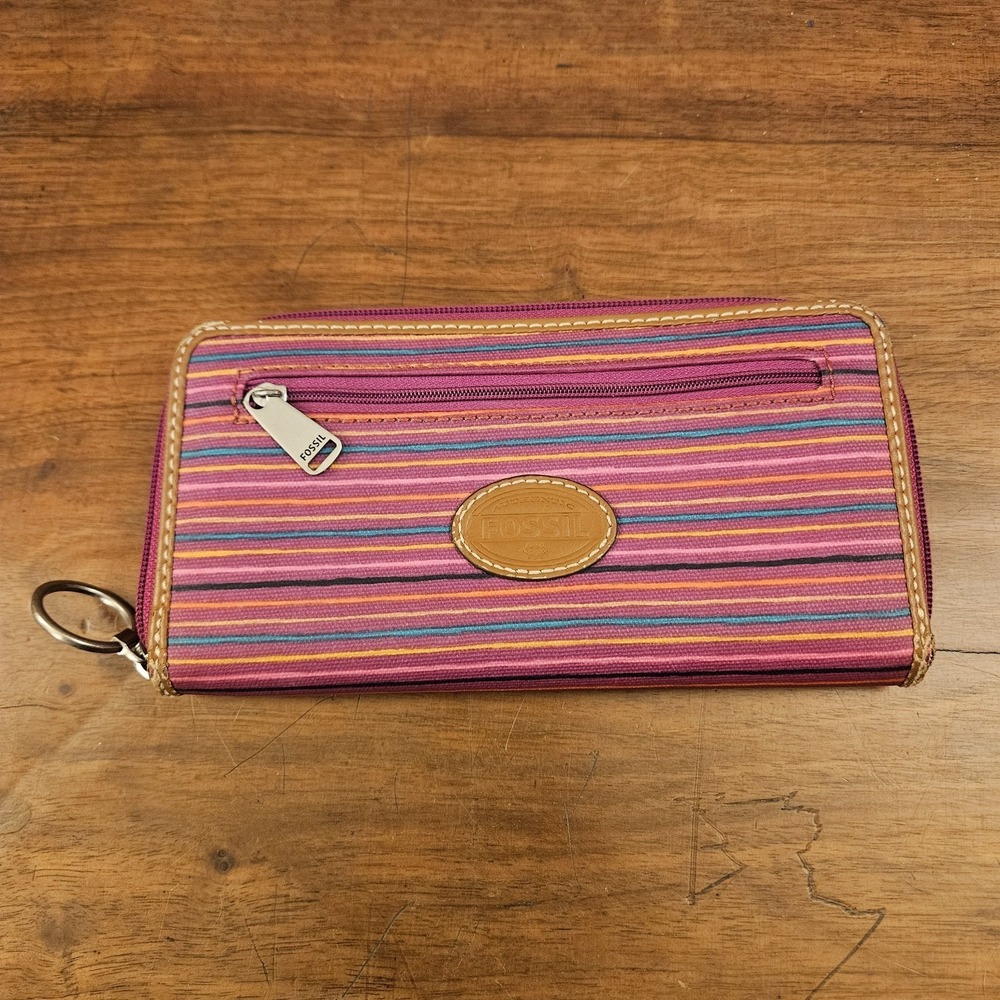 Fossil Keyper Zip‎ Around Continental Coated Canvas Wallet Colorful Stripes